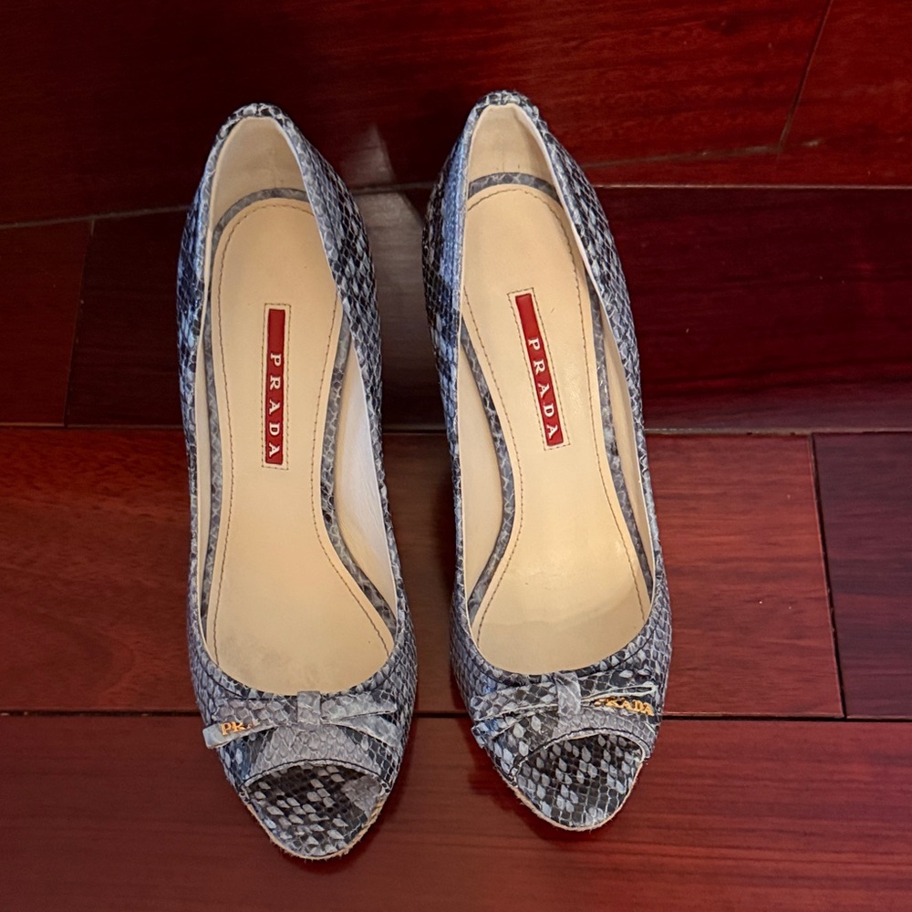 Prada Women's Black Snakeskin Peep-Toe Heels